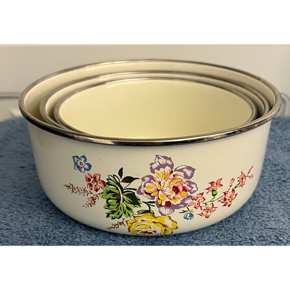 Vintage 1980's Kobe Porcelain Enamelware Set of 3 Nesting Bowls - Picture 2 of 6